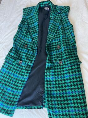 Kahlana Barfield Brown- Green & Blue Houndstooth Sleeveless Blazer Vest